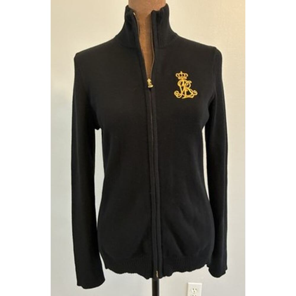 VTG Ralph Lauren Black Cable Knit Cardigan Gold Crest Full Zip Sweater Mock Med - Picture 2 of 16